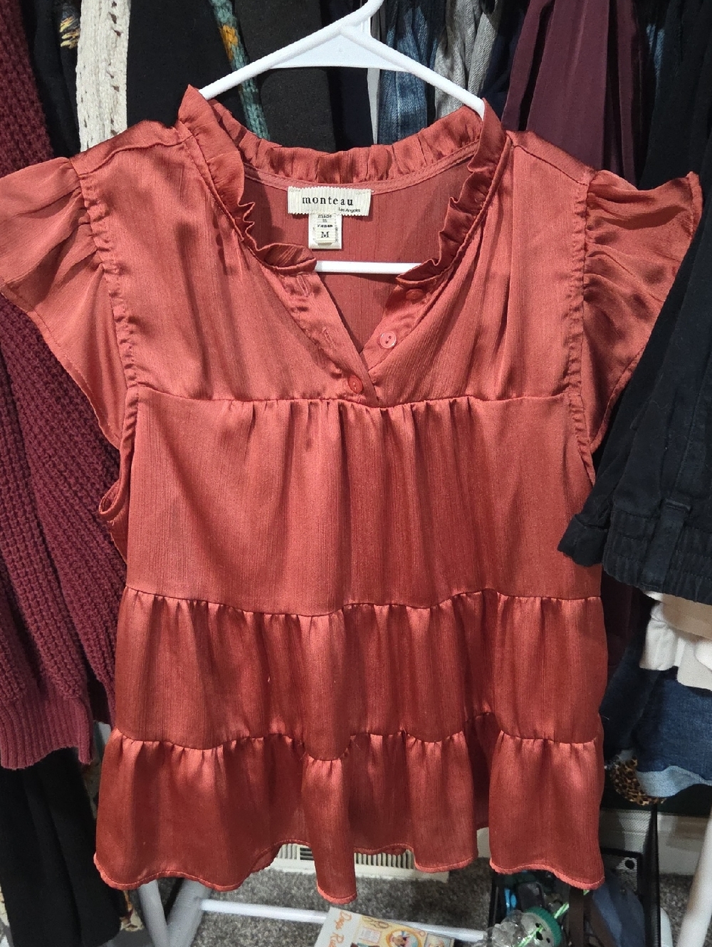 Monteau Medium Red Satiny Babydoll / Peplum Blouse